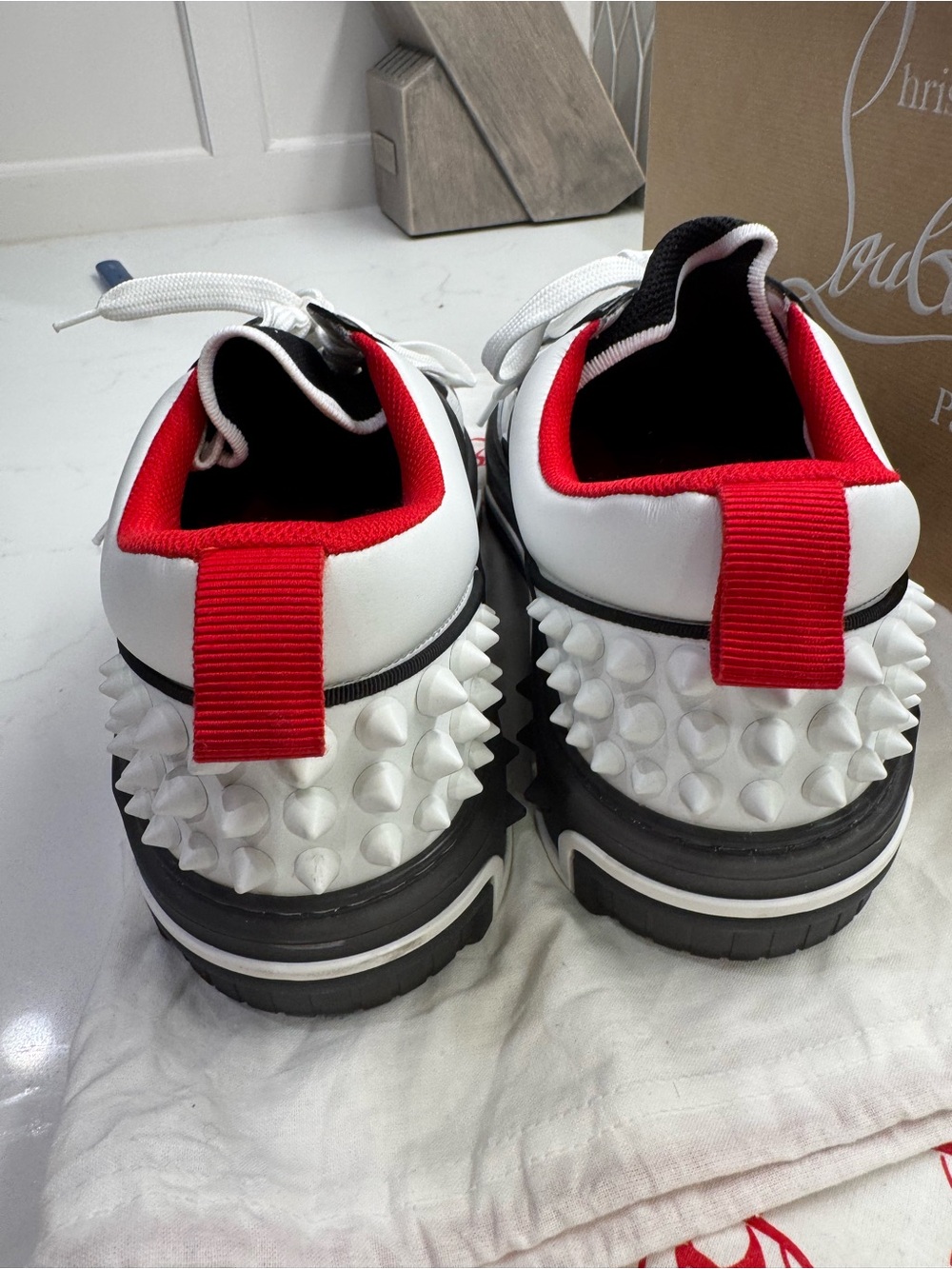 Christian Louboutin Black White Red Low-Top Lace-Up Sneaker - Picture 2 of 12